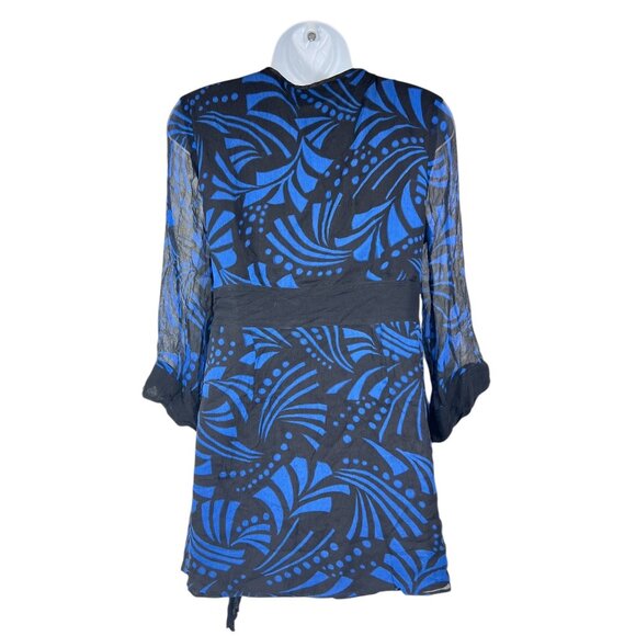 Silkland Womens Size Small Black & Blue Wrap Blouse 100% Silk - Picture 9 of 12